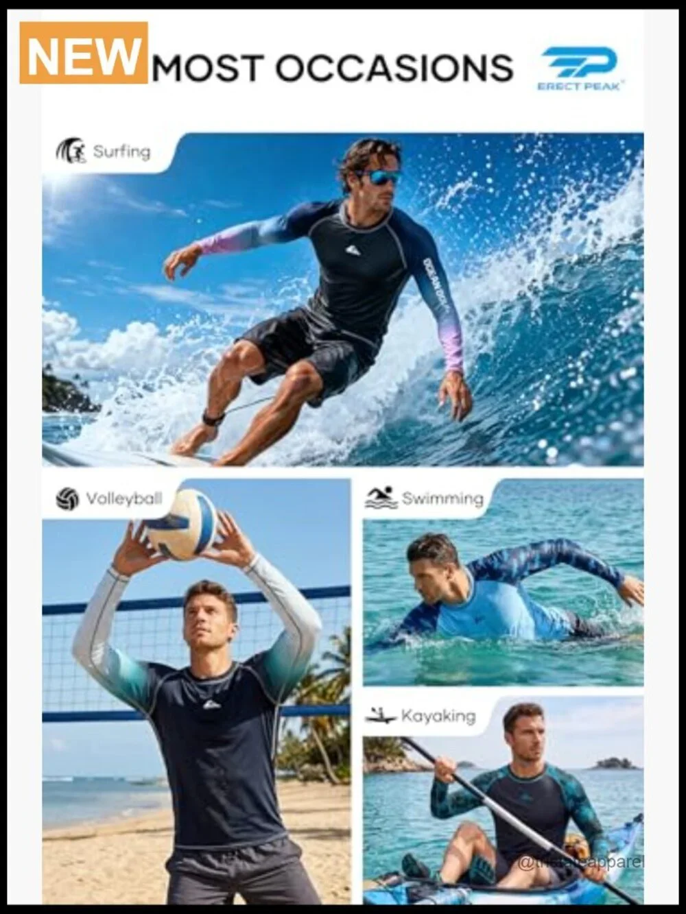Mens UPF 50+ Long Sleeve Rash Guard Swim Shirt Quick Dry Sun Protection